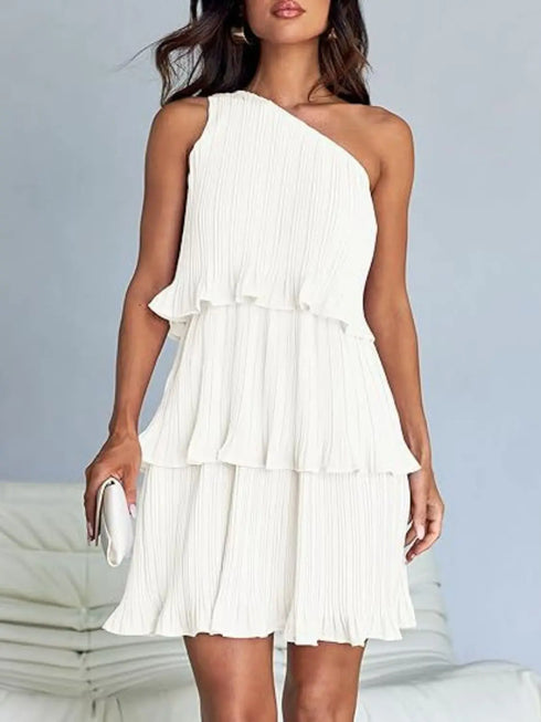 'Hesper' Layered Single Shoulder Mini Dress - Celes Fashion